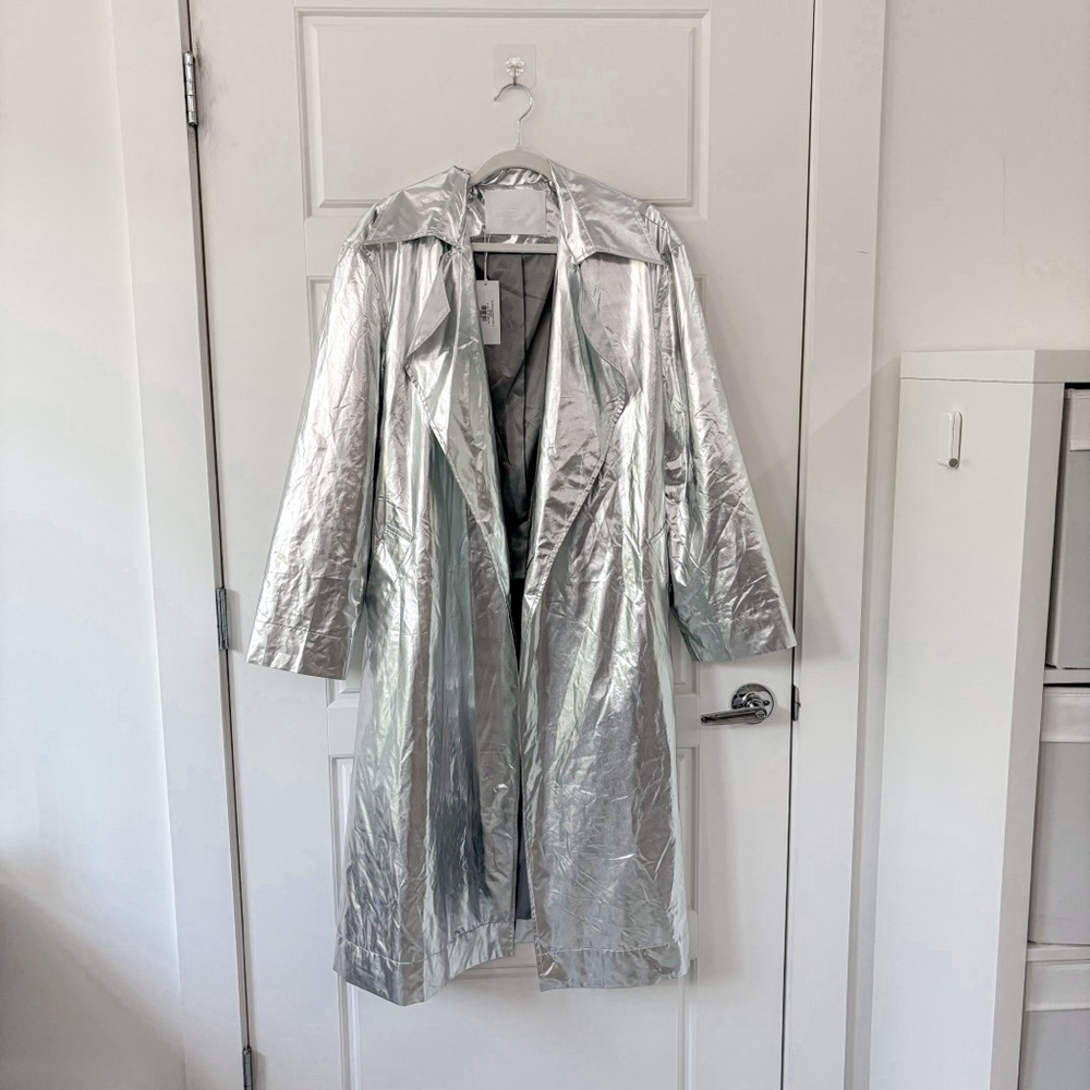 Silver Metallic Trench Coat - Women's Stylish Wrap Trench - Picture 3 of 8